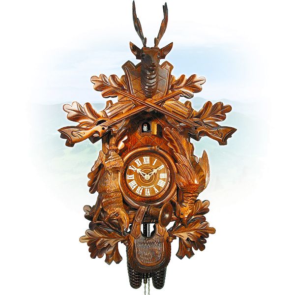 Cuckoo Clock Salzburg, August Schwer: Hunting clock with hanging figures