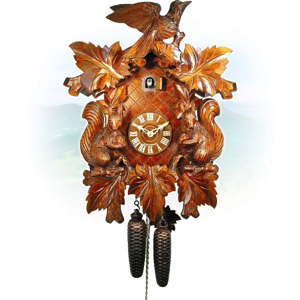 Cuckoo Clock Bern, August Schwer: 7-leaves, squirrel, bird